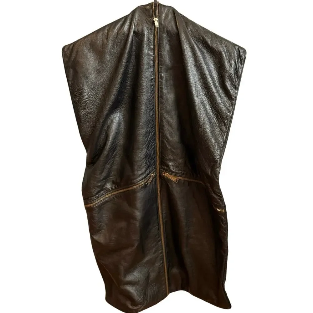 Vintage Black Genuine Leather Garment Bag Travel Suit Carrier Savoy Zippers